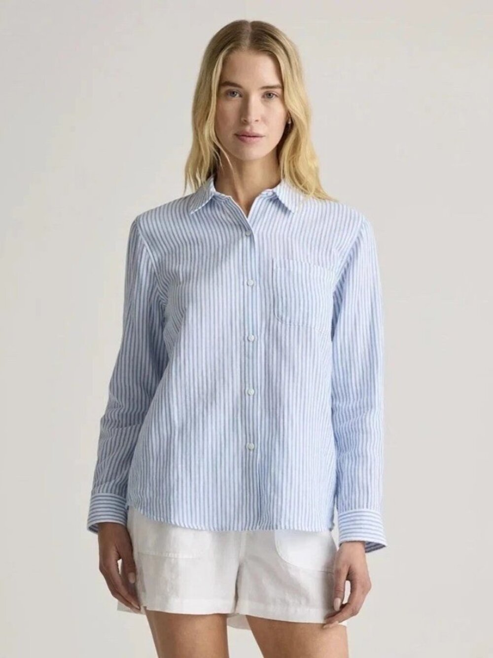 Quince Organic Cotton Gauze Button Down Shirt Bayside Blue Stripe Size Large
